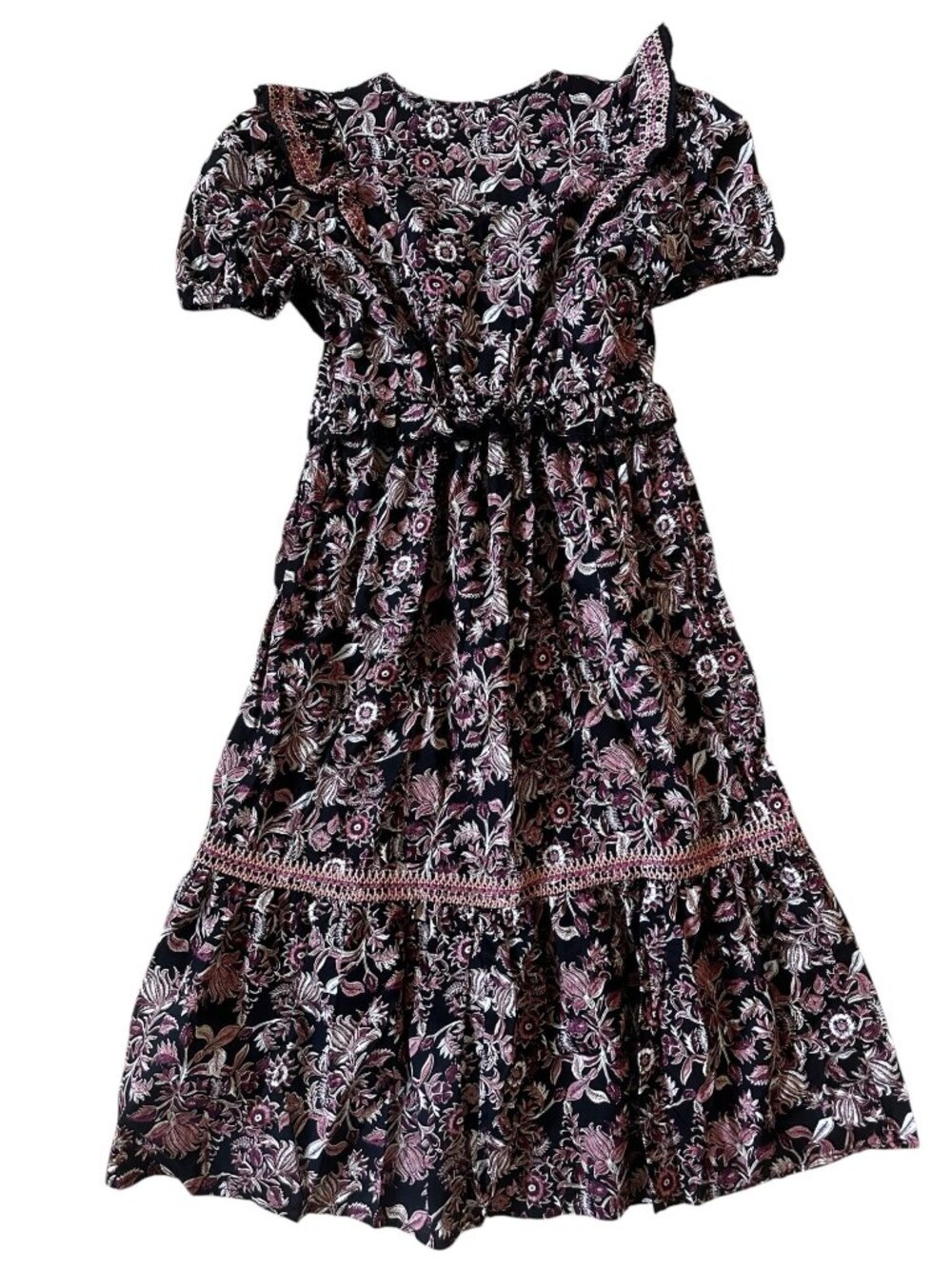 SFera Dainty Floral Midi Dress Womens Medium Embroidered Ruffles Feminine Modest - Picture 4 of 16